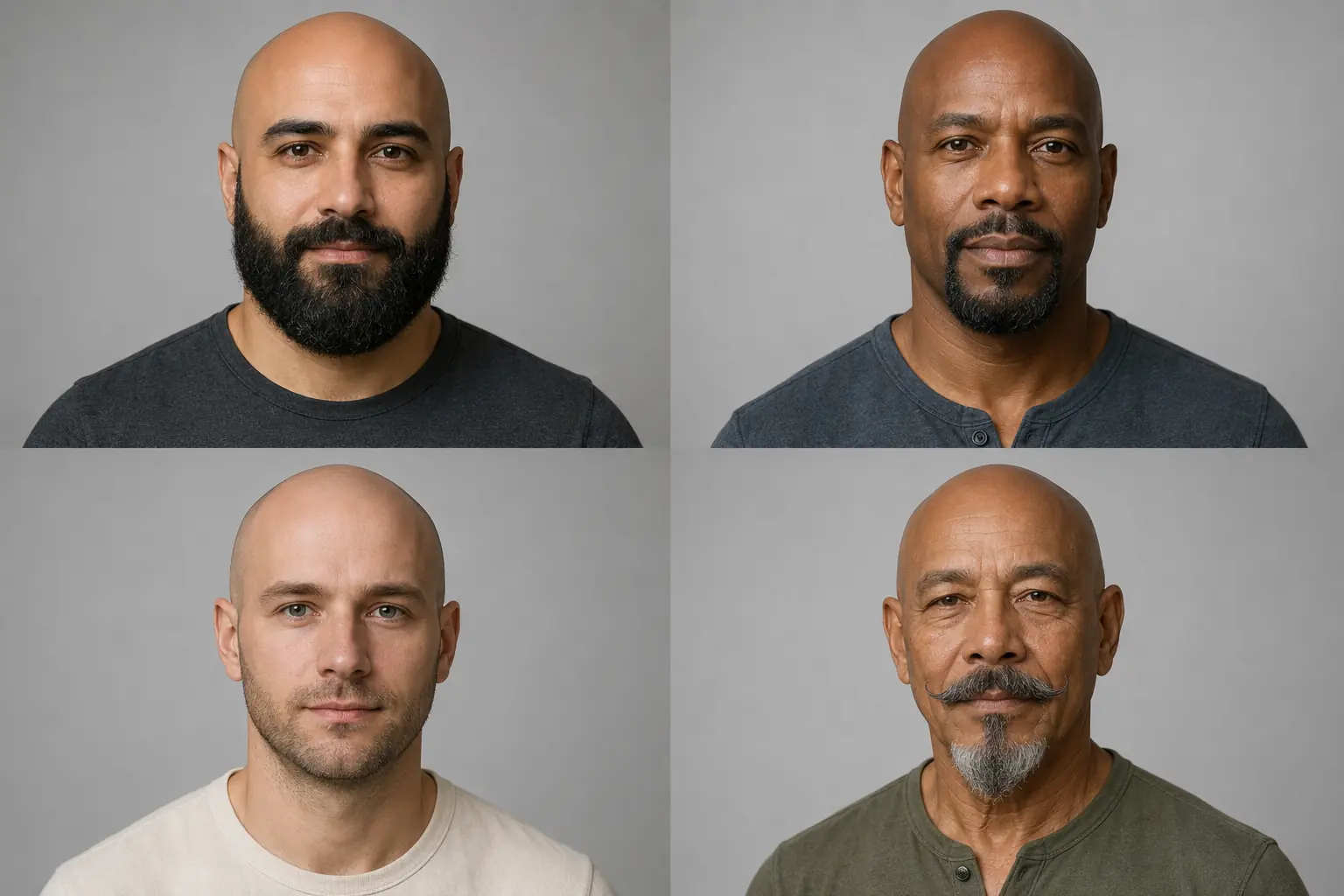 Cuatro hombres calvos con distintos estilos de barba