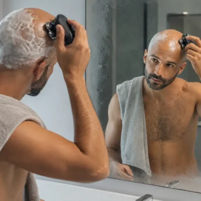Hombre afeitándose la cabeza con una afeitadora rotativa frente al espejo