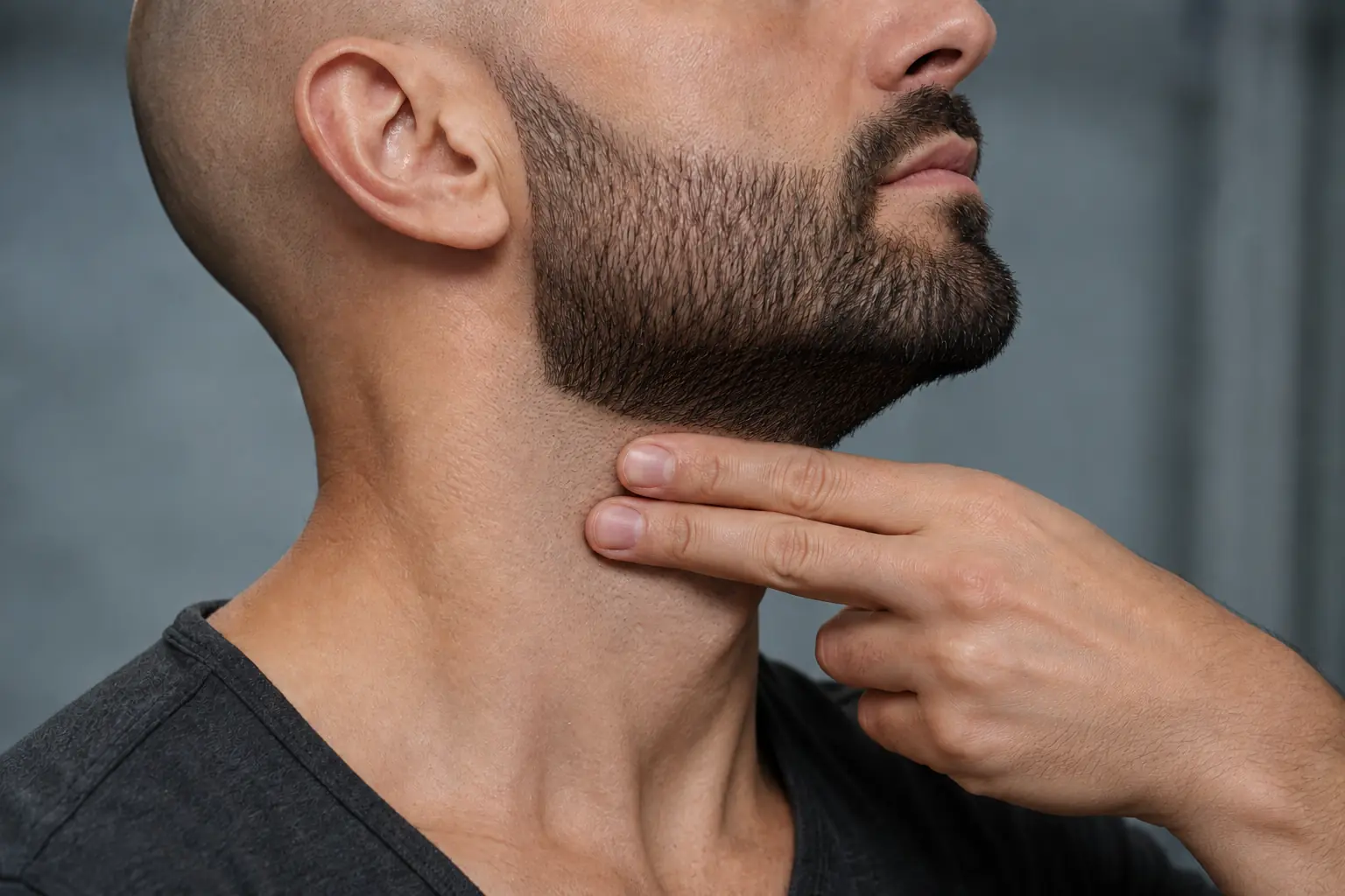 Línea del cuello de la barba en un hombre calvo, dos dedos sobre la nuez
