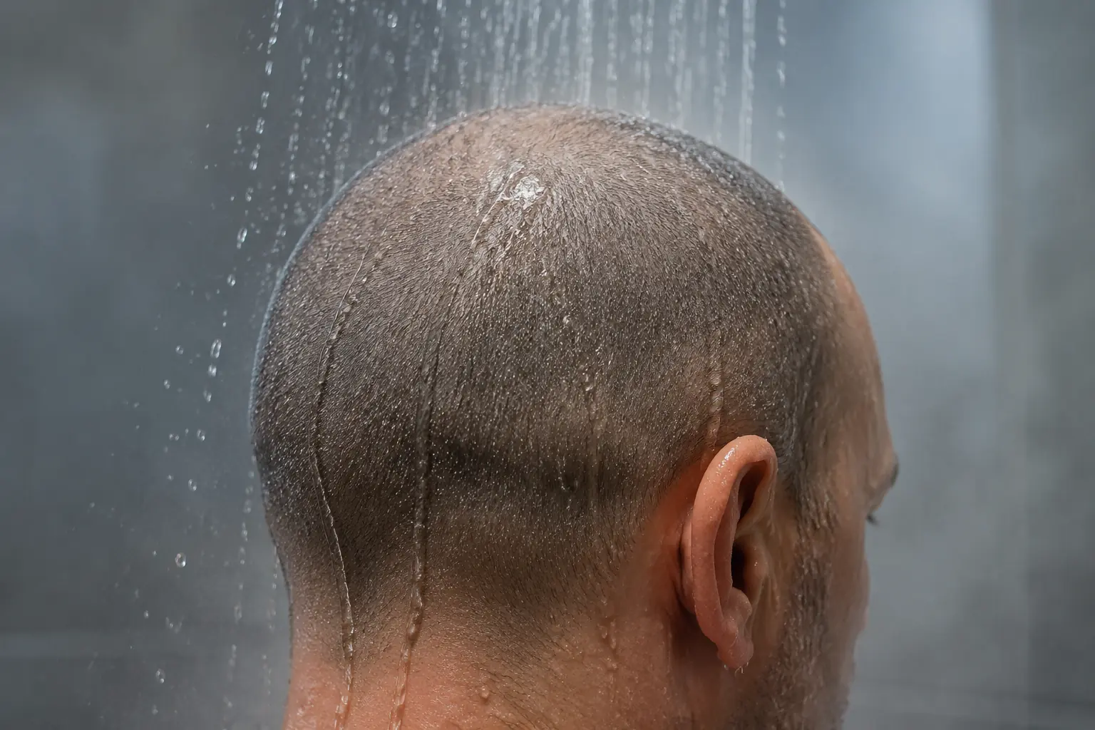 Ablandar el pelo con agua tibia antes de afeitarse la cabeza