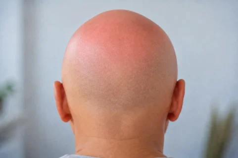 Cuero cabelludo enrojecido por una quemadura solar en una cabeza rapada