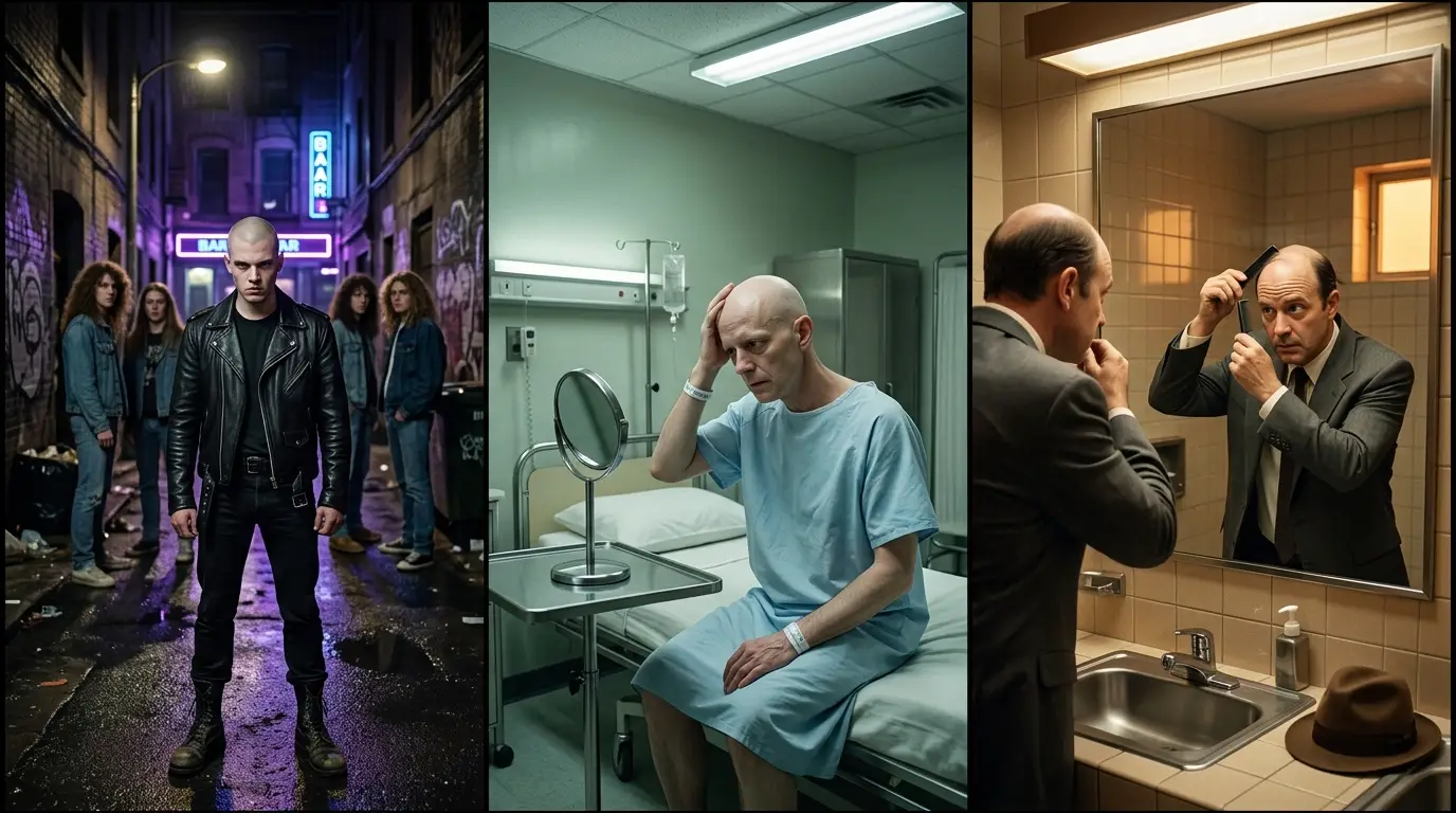 Tríptico ochentero con tres escenas: la cabeza rapada como estigma político, lectura médica y disimulo en un cuarto de baño.